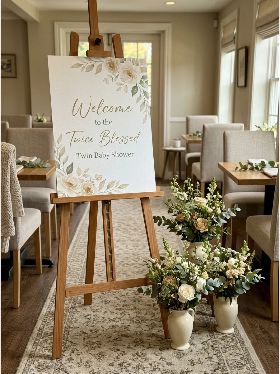 A welcome sign on an easel with sage and cream flowers in a restaurant.