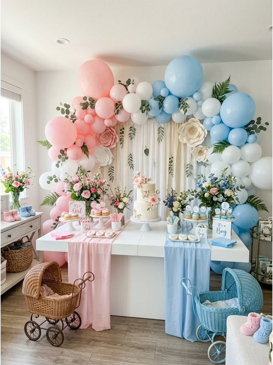 A living room decorated with pink and blue table runners and matching floral centerpieces.