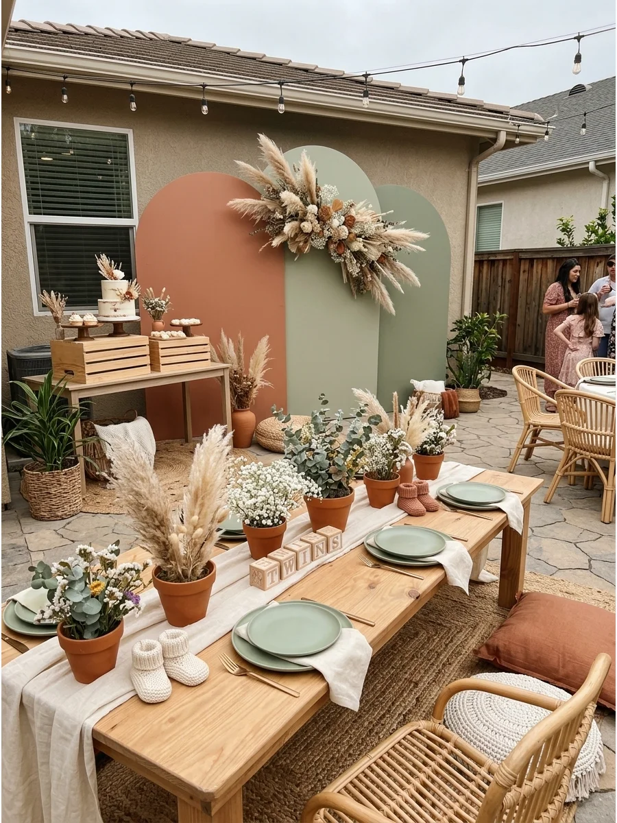 A garden patio setup with terracotta decor and cream linens for a boho twin shower.