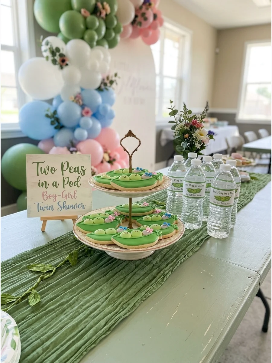 A dessert table with pea pod cookies and sage green decorations for a twin shower.