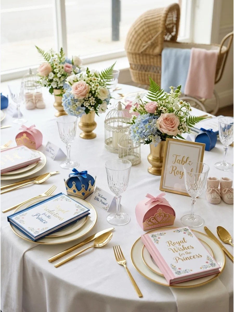 An elegant tea room table set with crown toppers and gold accents for a boy-girl twin shower.