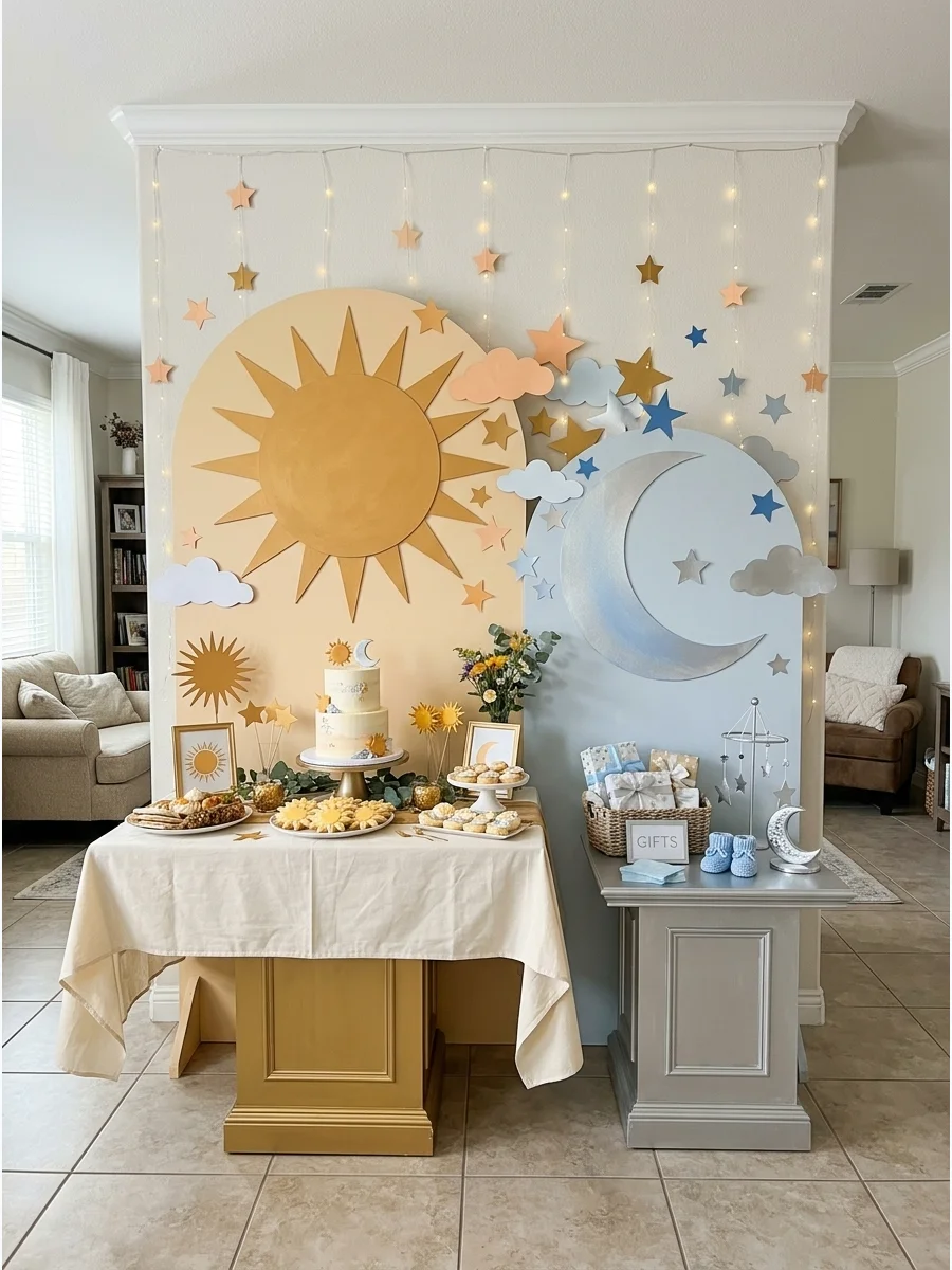 A sun and moon themed backdrop in a living room for a twin baby shower.