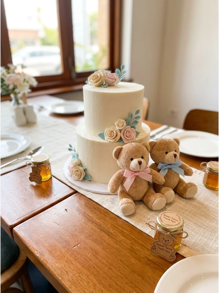 A restaurant table with two teddy bears and a twin-themed cake.