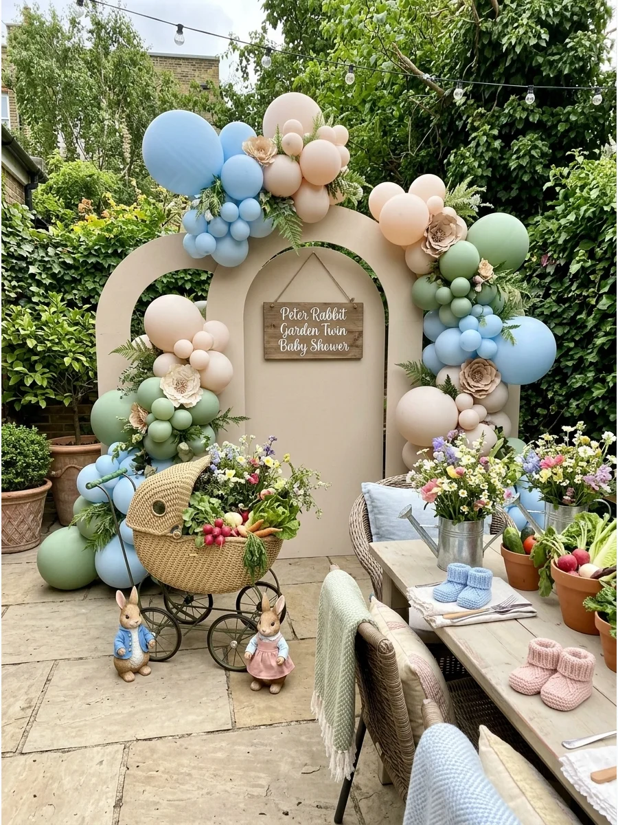 A garden-themed shower setup with Peter Rabbit illustrations and fresh greenery.