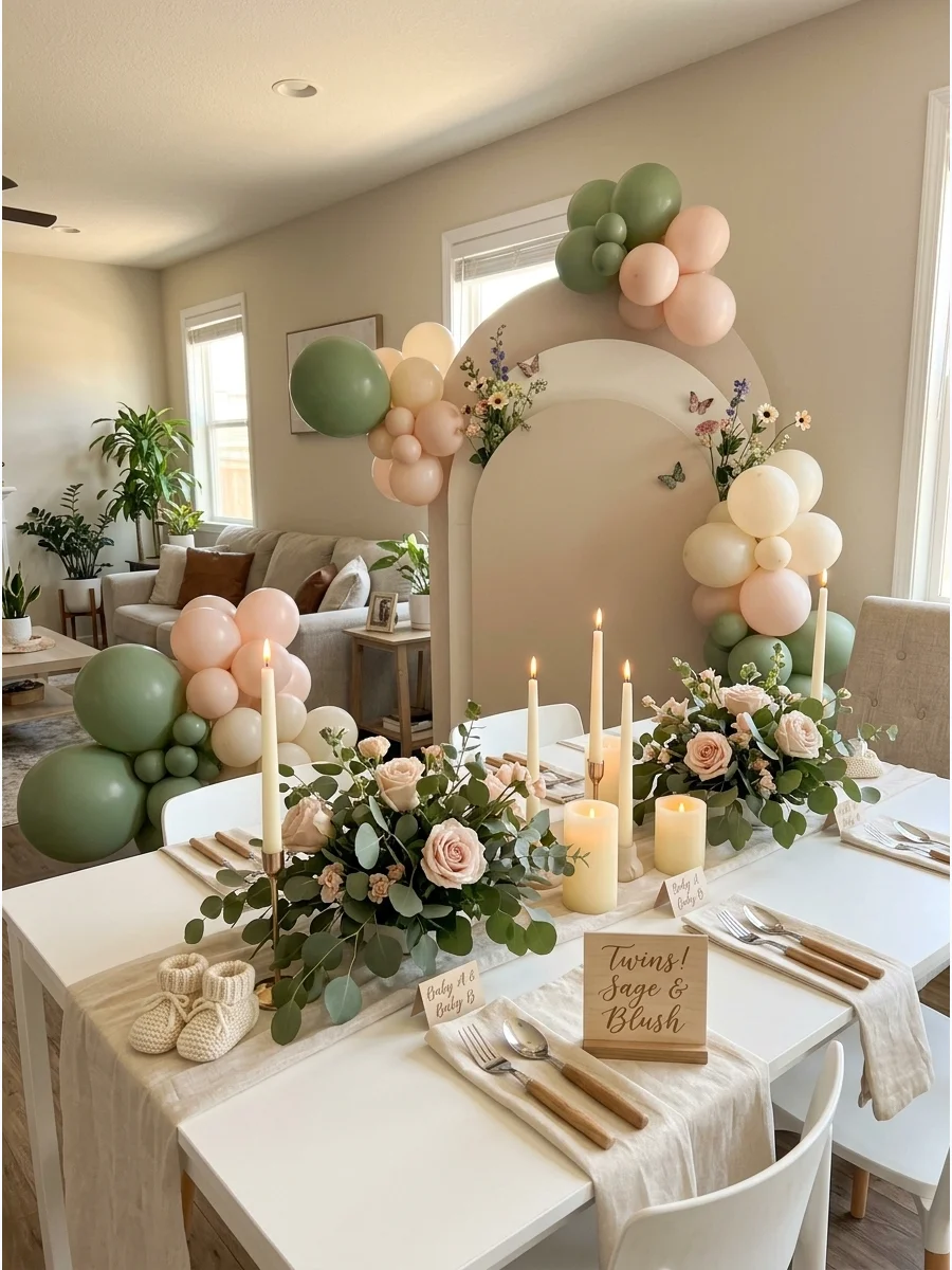 A dining table decorated with eucalyptus and blush roses for a twin baby shower.