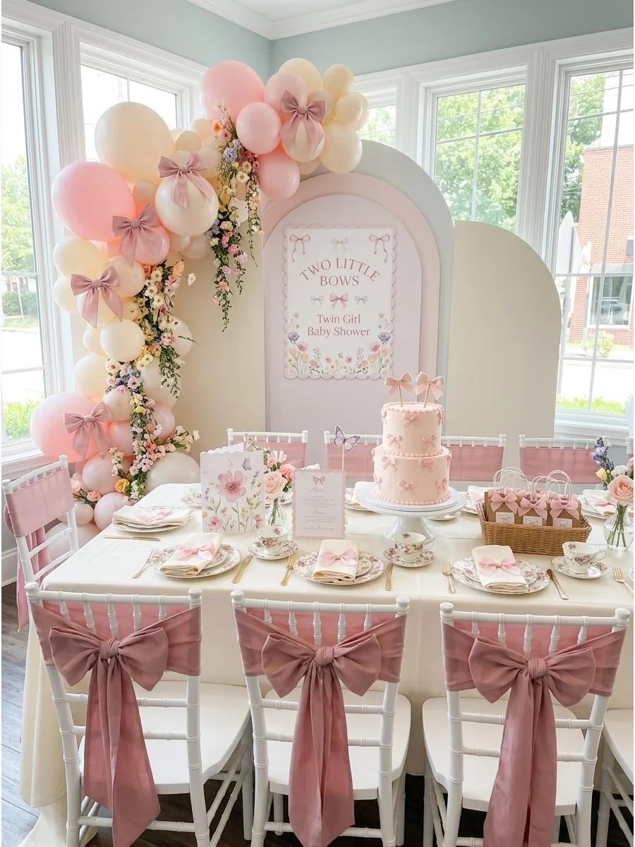A tea room setup with pink bows on chairs for a twin girl baby shower.