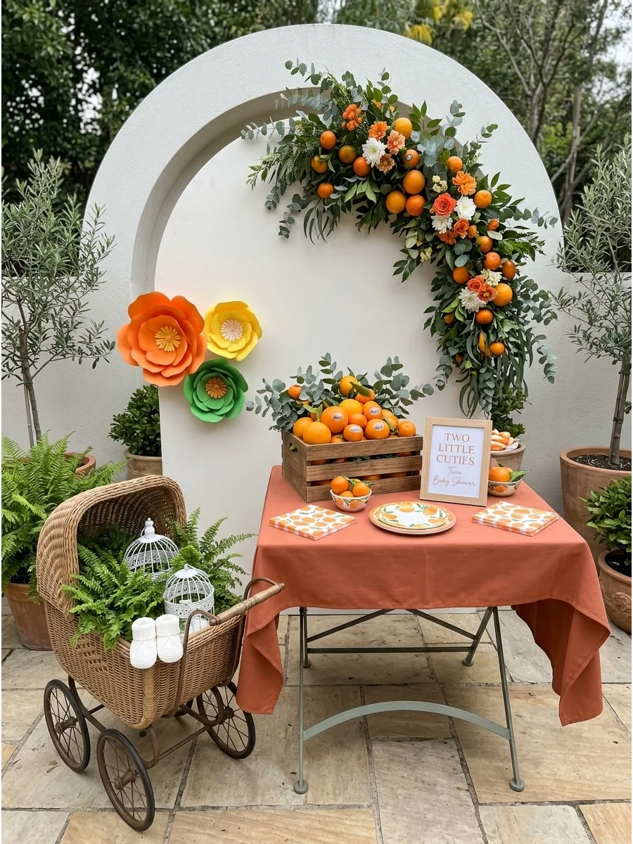 Crates of oranges used as centerpieces for a twin-themed baby shower.