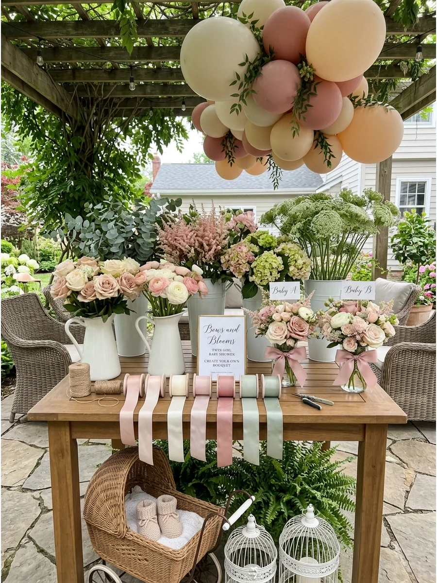 A flower bar station in a garden with lavender, roses, and colorful ribbons.