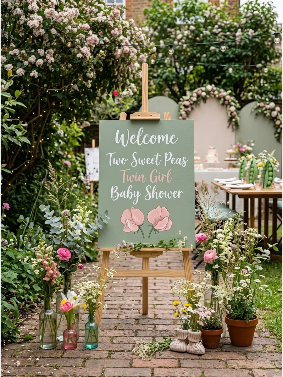 A sage green welcome sign for a twin girl baby shower featuring two pink pea pods.