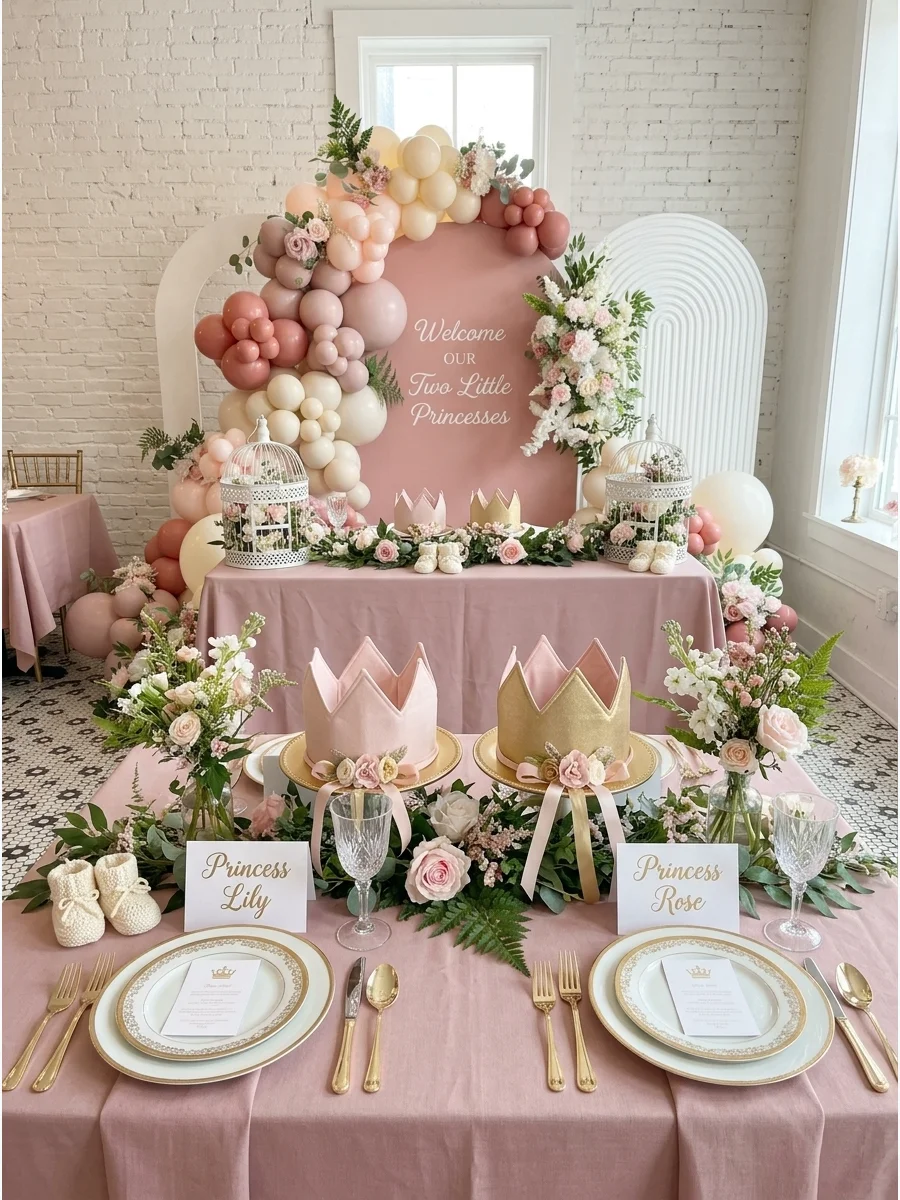 A tea room table setting with dusty pink linens and two small gold crowns as centerpieces.