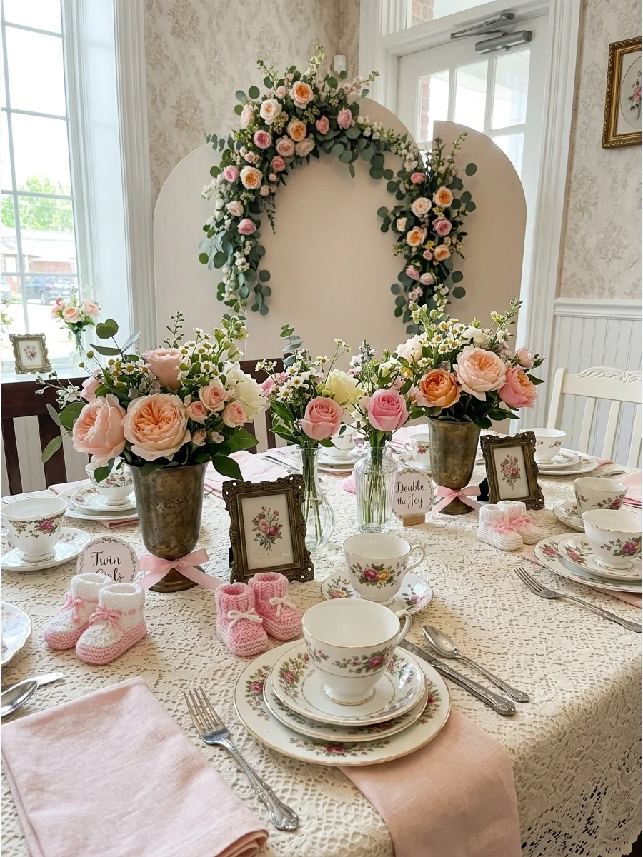 A lace-covered table with garden roses and antique frames for a vintage twin girl baby shower.