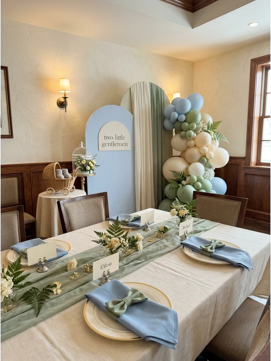 An elegant table setting with blue napkins and sage green name cards for a twin boy shower.