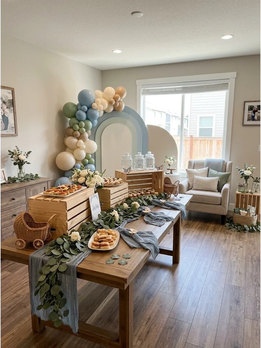 A wooden table with eucalyptus runners and dusty blue napkins for a modern twin boy shower.