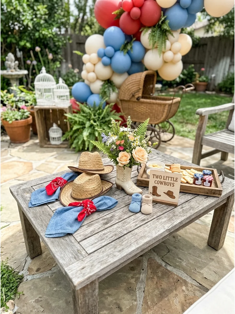 A rustic wooden table with two miniature cowboy hats and dusty blue napkins.
