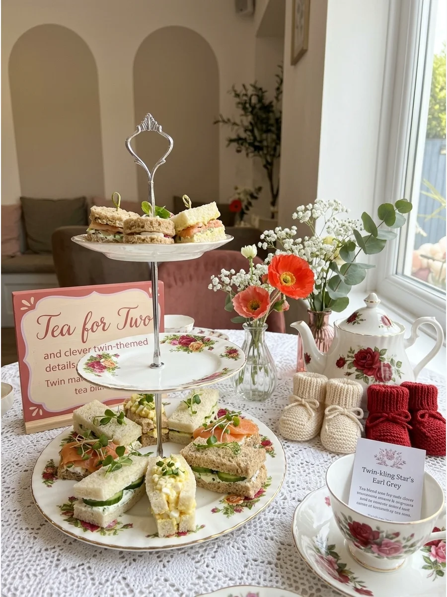 A tiered tea service with sandwiches and scones at a twin baby shower.