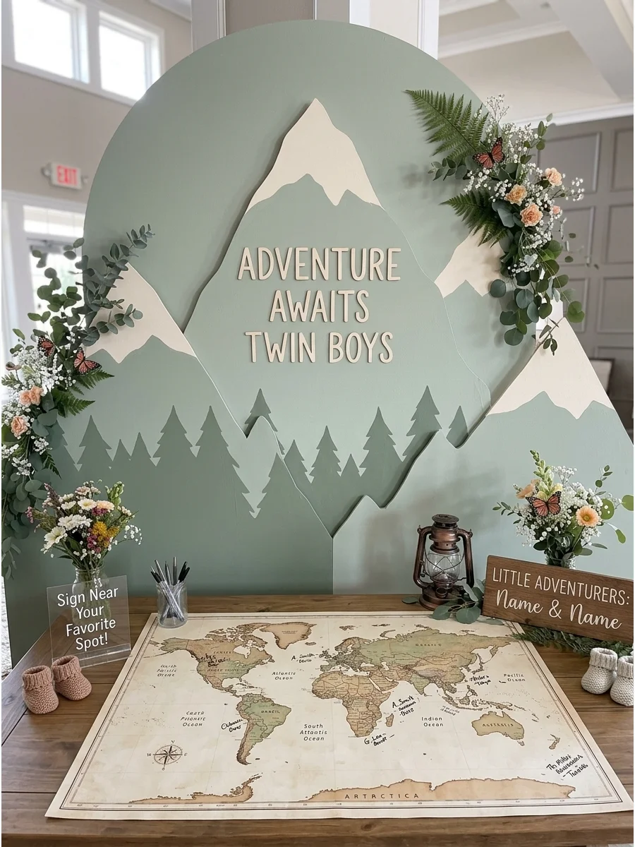 Adventure Awaits Twin Boys Baby Shower support view 1
