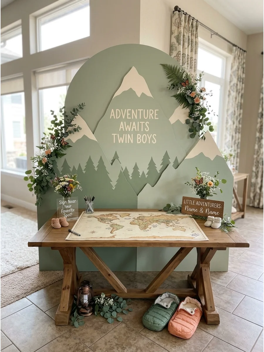 A sage green mountain-shaped backdrop and vintage map for an adventure-themed twin shower.