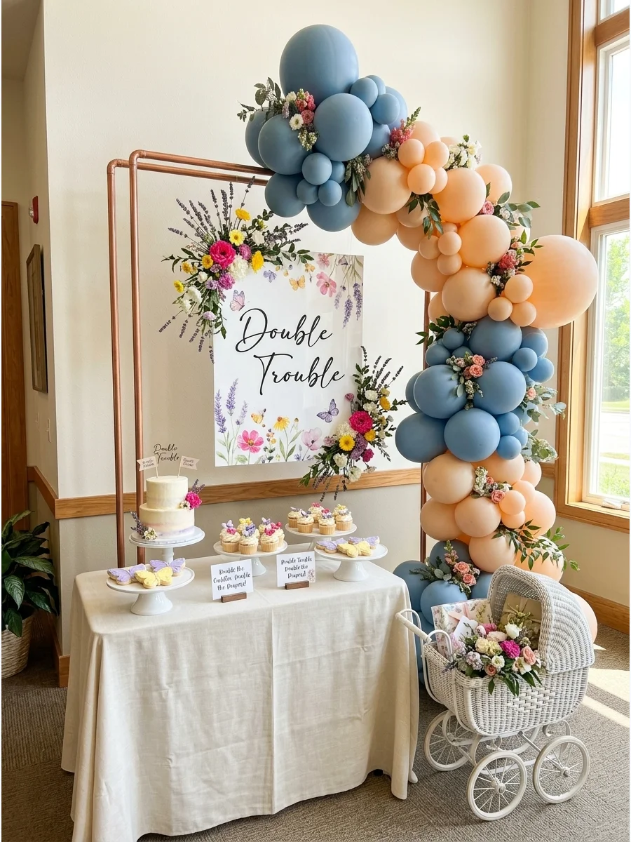 A stylish sign and balloon arrangement for a Double Trouble baby shower.