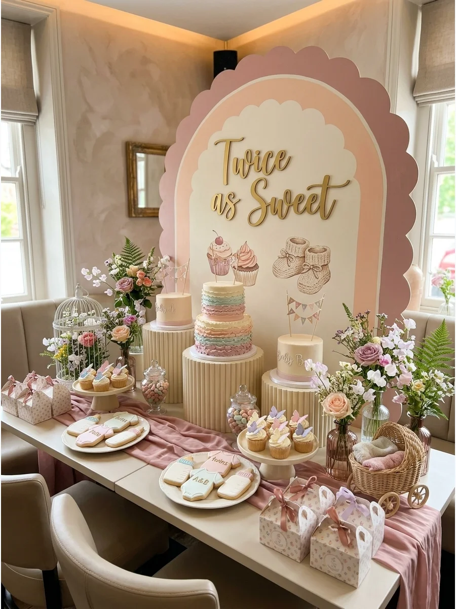 A dessert table with pink and cream treats for a twin baby shower.