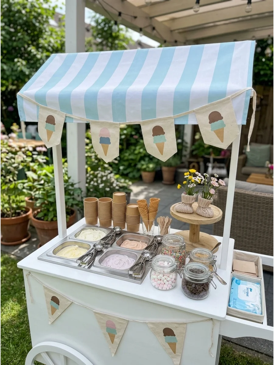 An ice cream bar station set up for a twin baby shower.