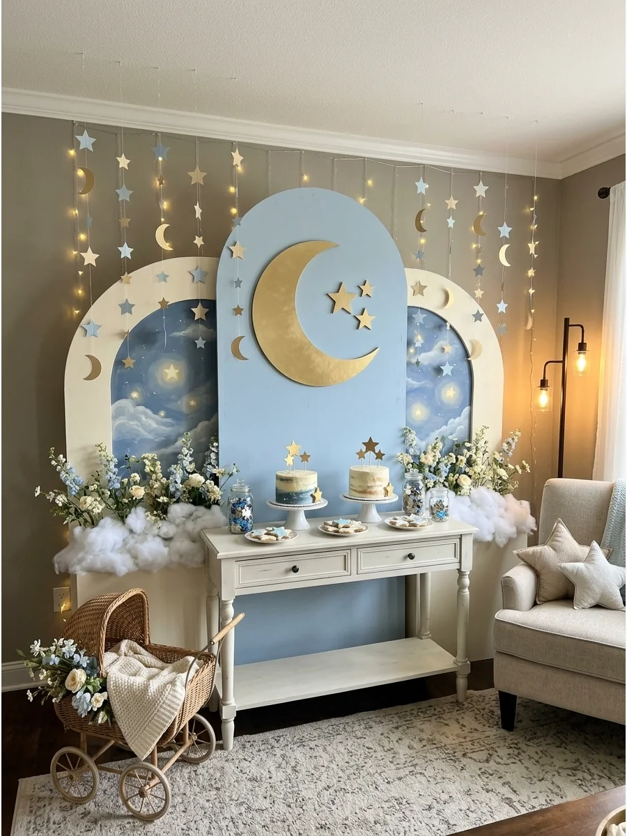 A celestial-themed backdrop with stars and a moon for twins.