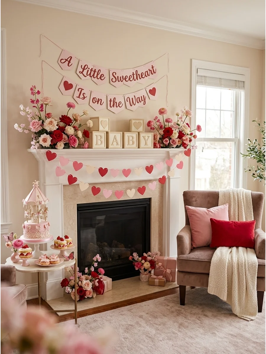 A residential living room decorated with pink heart garlands and cream baby blocks for a sweetheart baby shower.