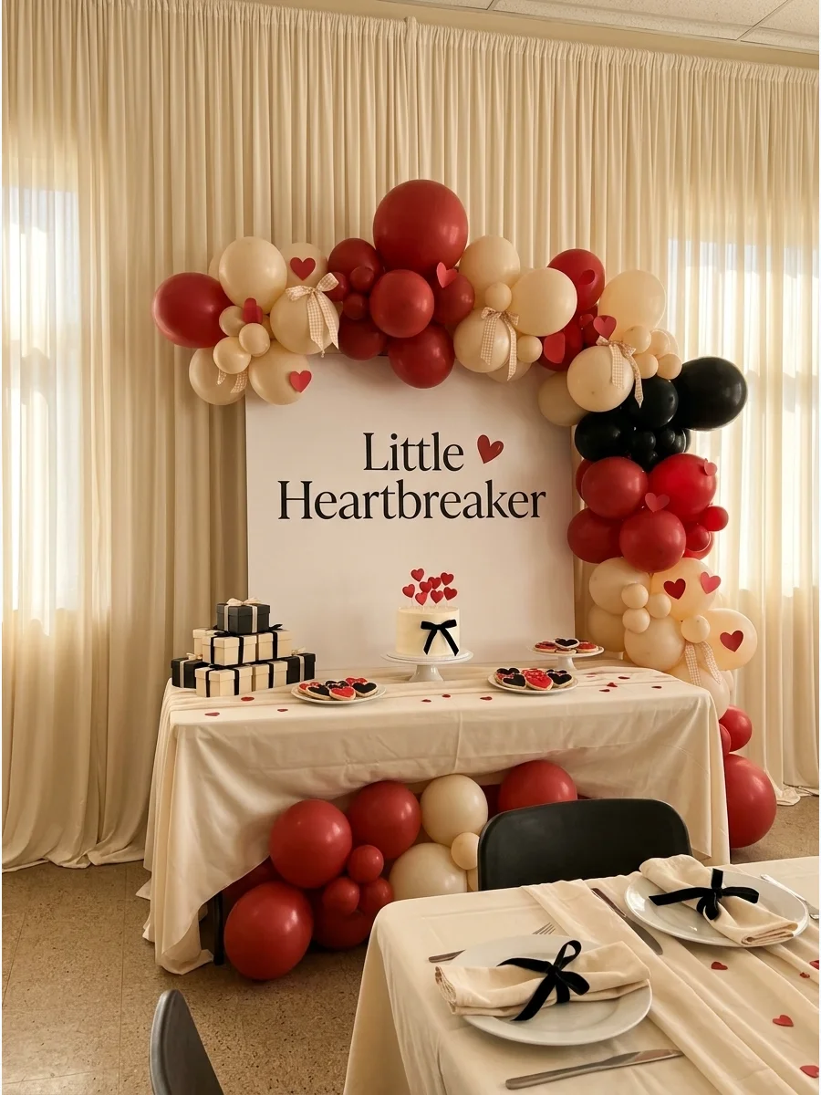 A community hall with cream draping and a modern Little Heartbreaker sign.