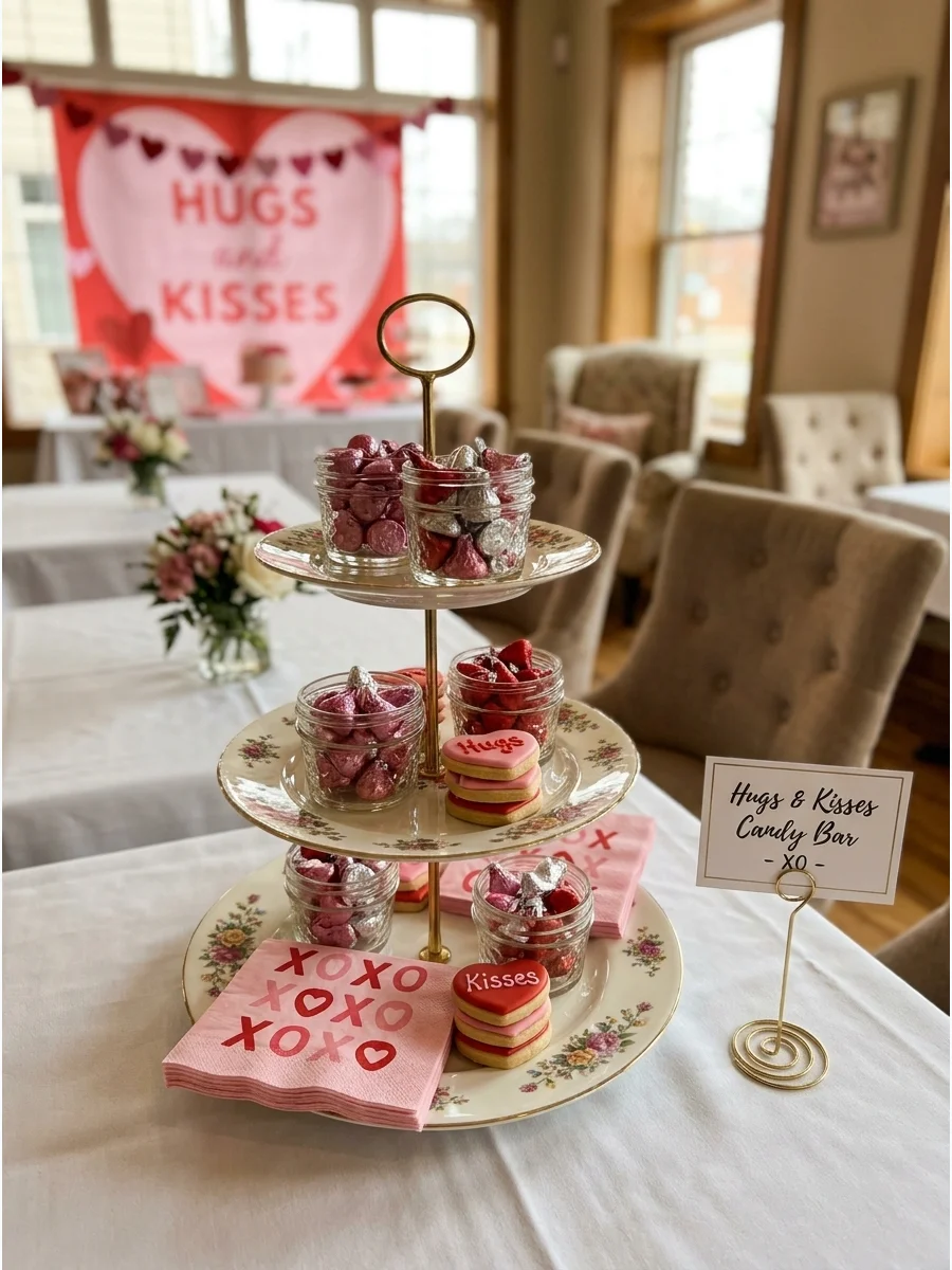 Tiered stand with chocolate kisses and pink heart napkins.