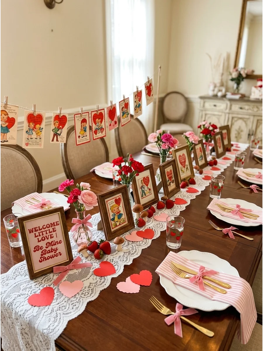 Dining table with lace runners and vintage Valentine cards.