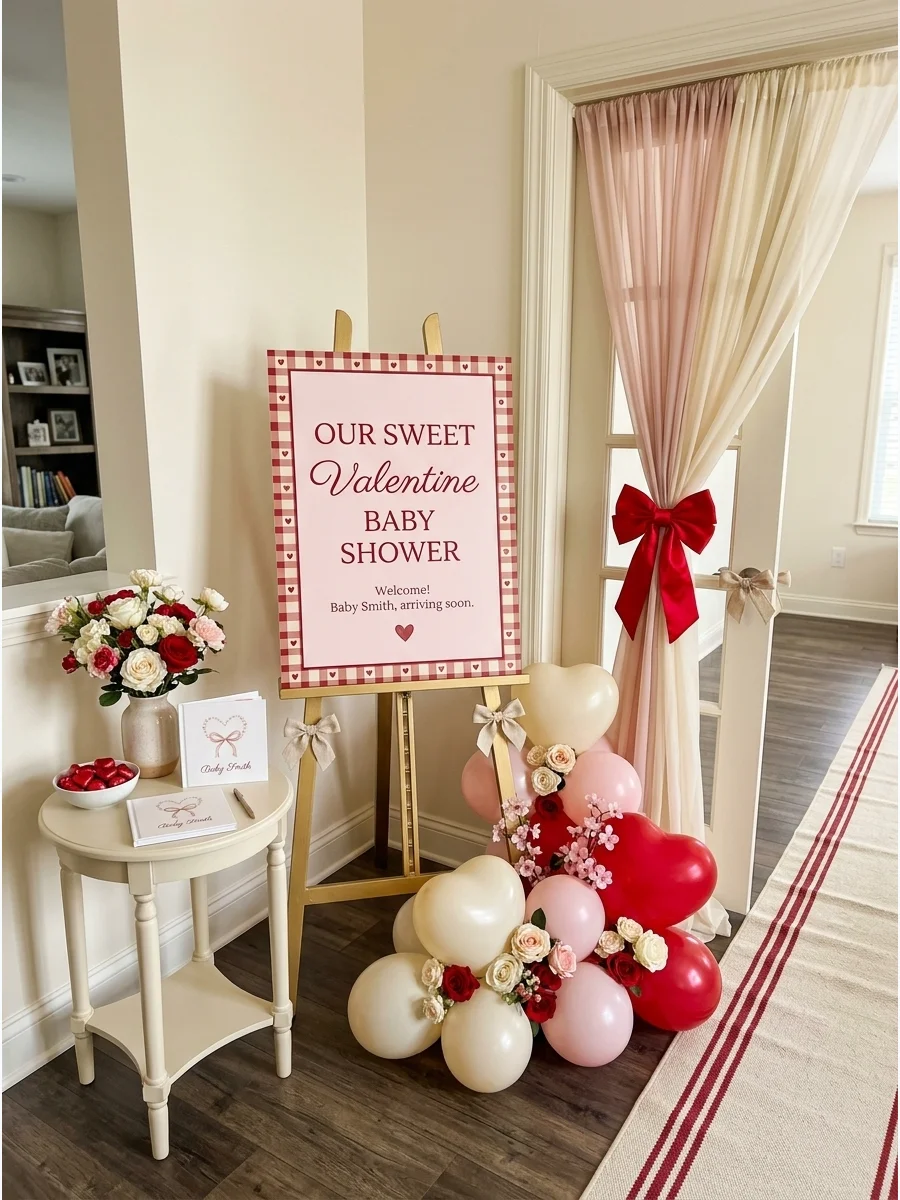 Blush pink welcome sign on a gold easel.