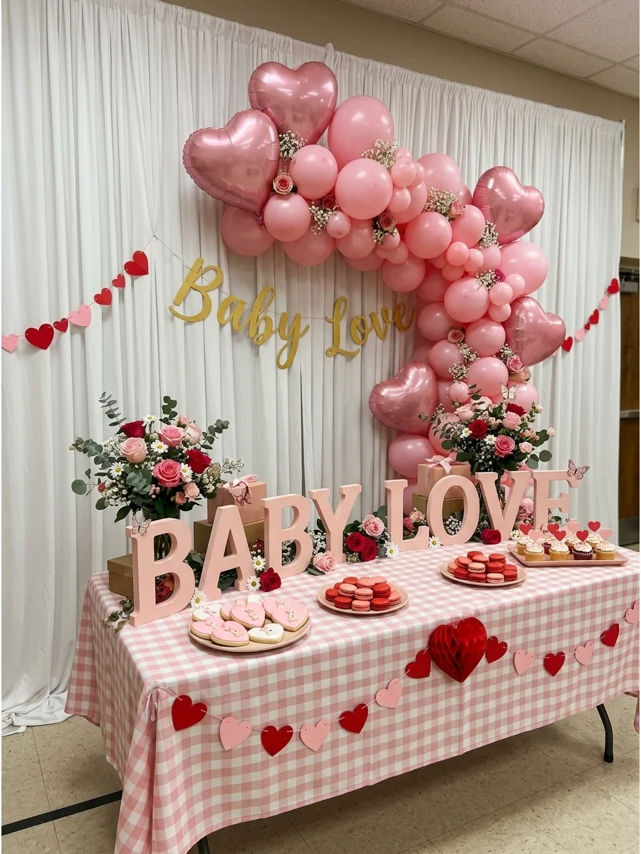 Gold Baby Love banner with pink heart balloons.