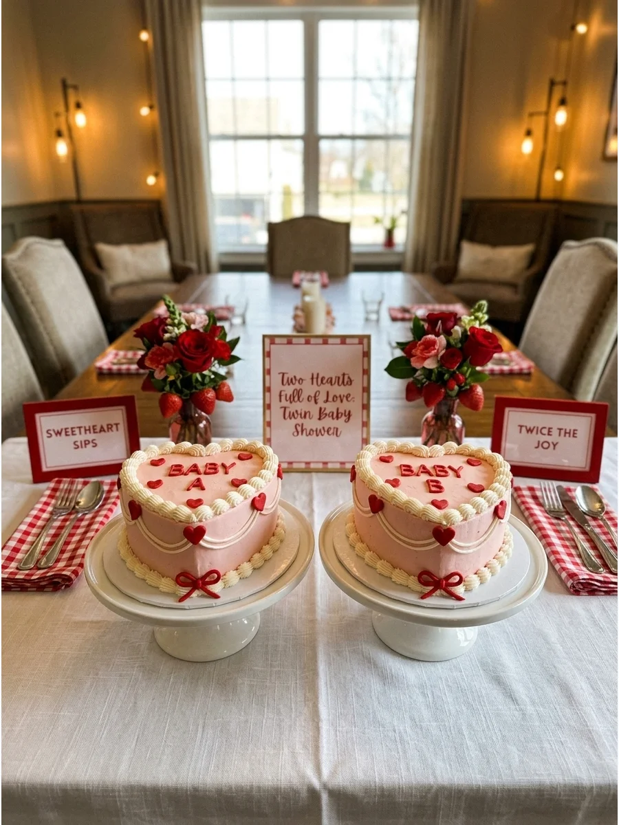 Two pink heart-shaped cakes on a white table.