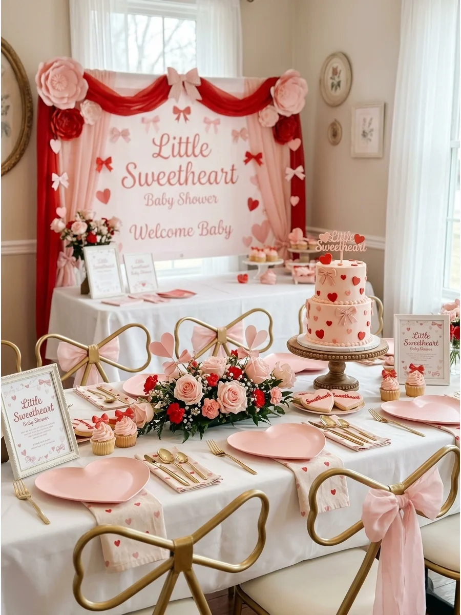 A boutique tea room table setting with heart-shaped plates and gold bow-back chairs.