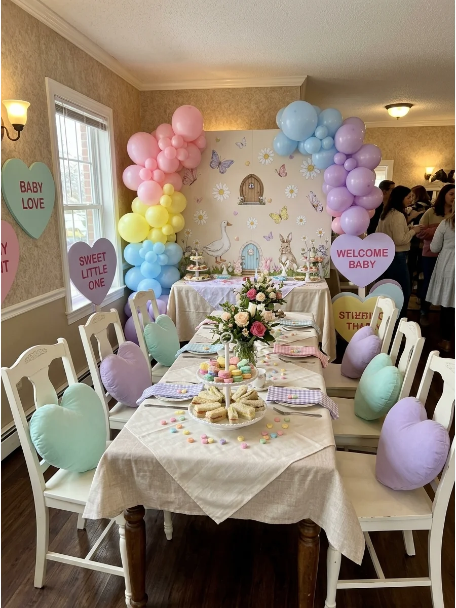 Pastel heart pillows on white chairs in a tea room.