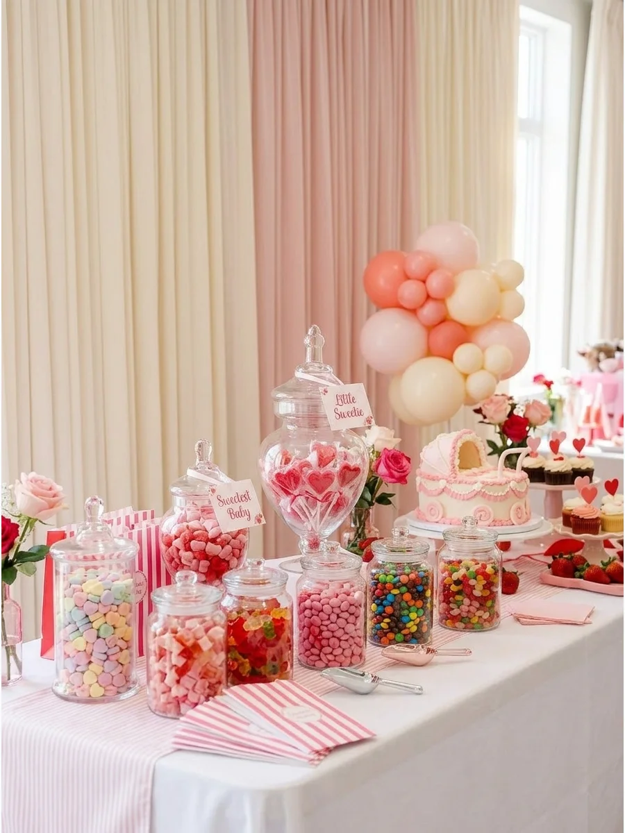 A candy buffet table with pink and red sweets and heart lollipops in a draped community hall.