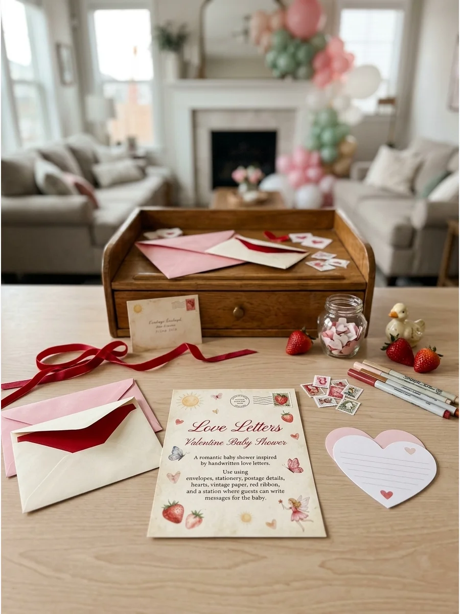 A stationery station with envelopes and heart paper on a desk in a cozy living room.