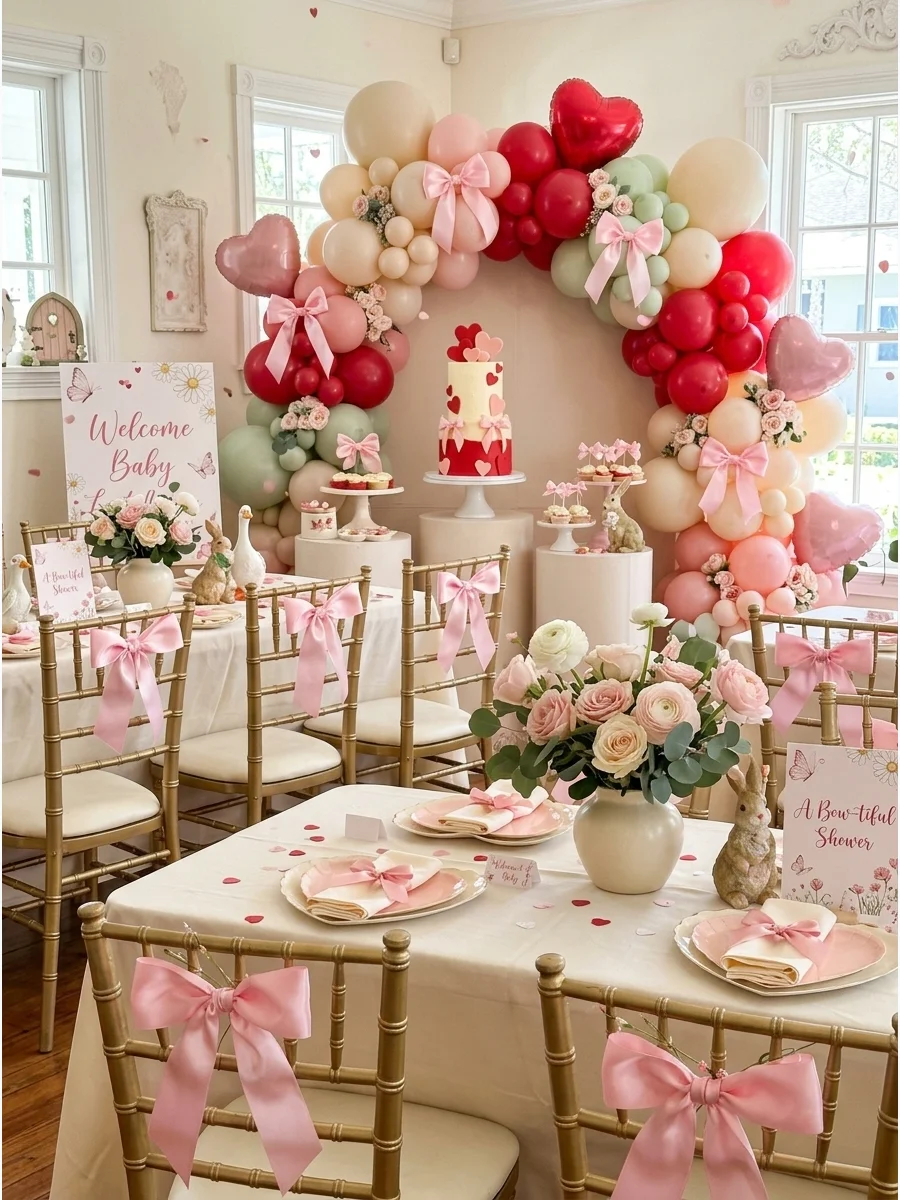 Gold chairs with pink satin bows in a tea room with heart decorations.