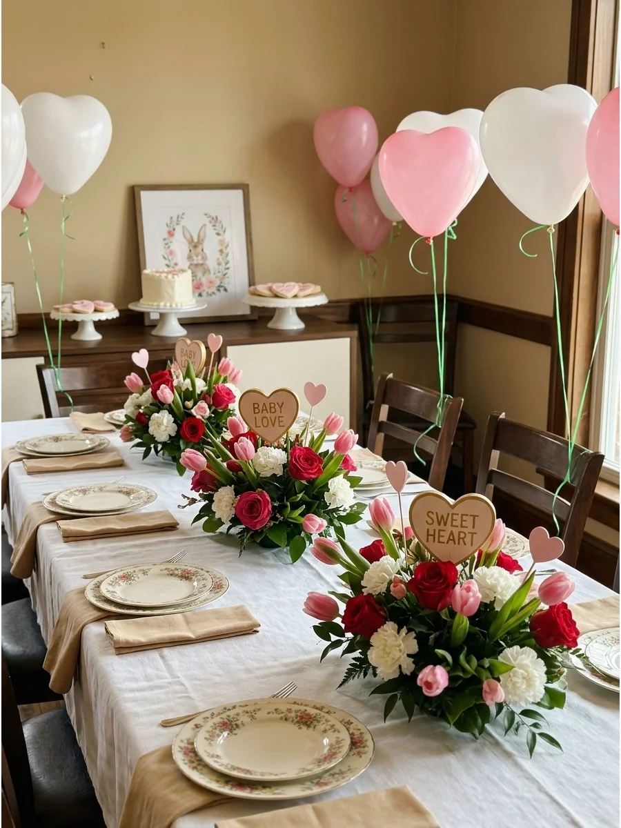 A dining table with red rose centerpieces and heart-shaped signs in a private room.