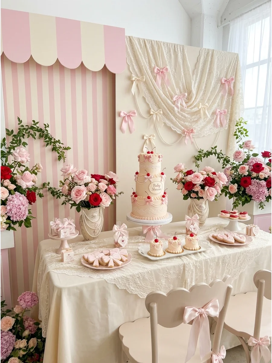 A coquette-themed setup with lace, bows, and pearls in a bright photography studio.