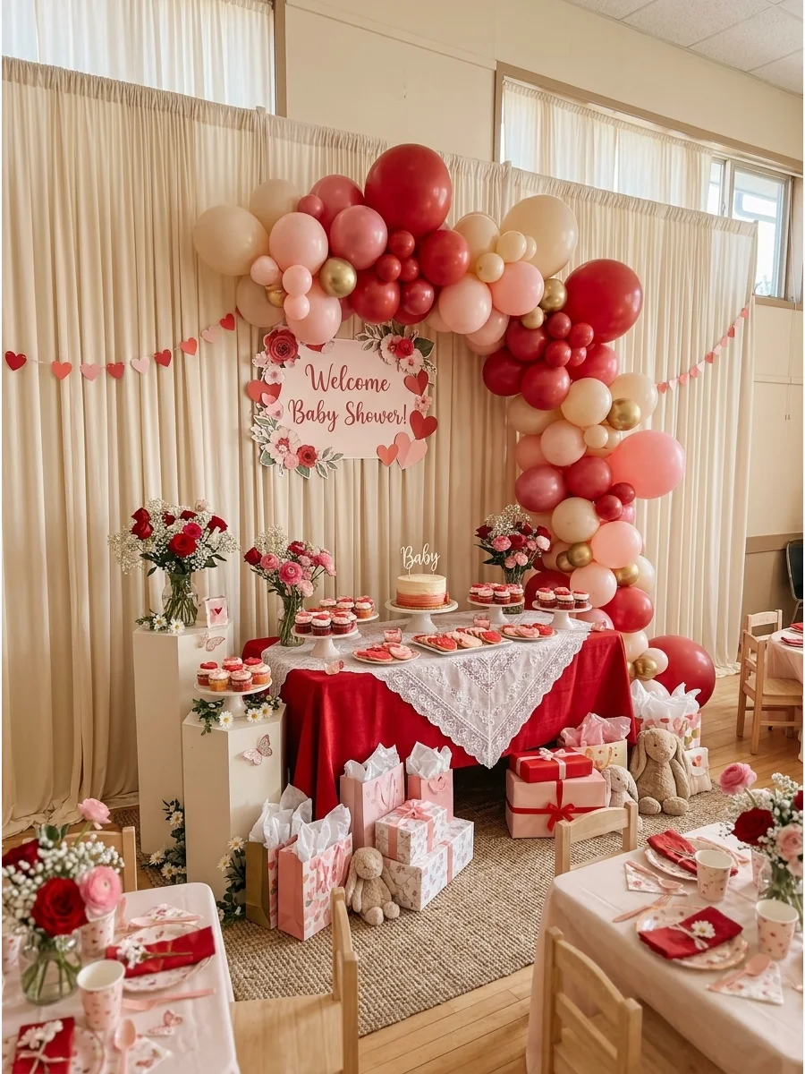 A red and pink balloon arch against white fabric draping in a large hall.