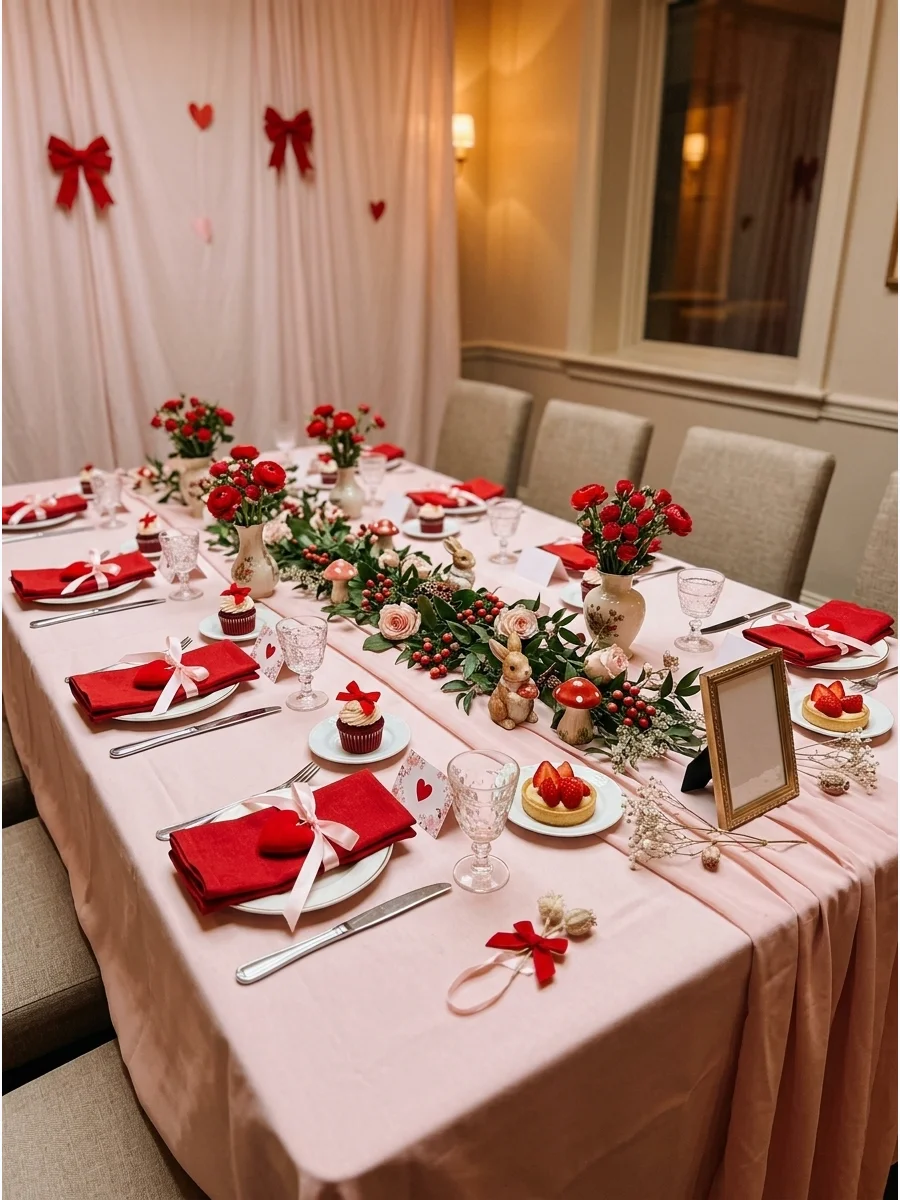 Blush pink tablecloth with cherry red napkins and floral accents in a dining room.