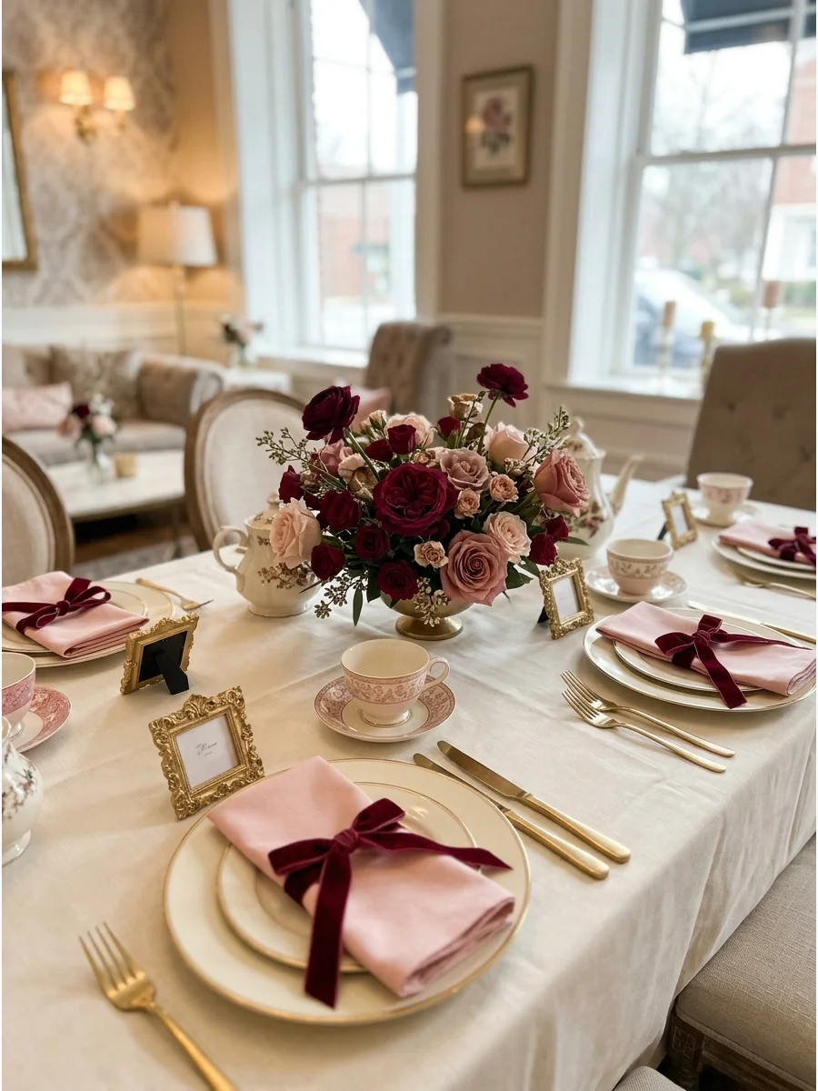 Table setting with burgundy velvet ribbons and pink napkins in a tea room.