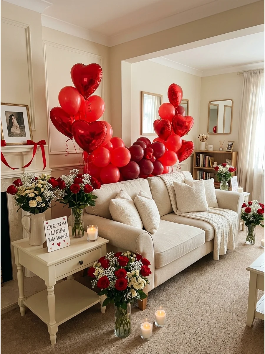 Cream furniture decorated with red heart balloons and roses in a home.