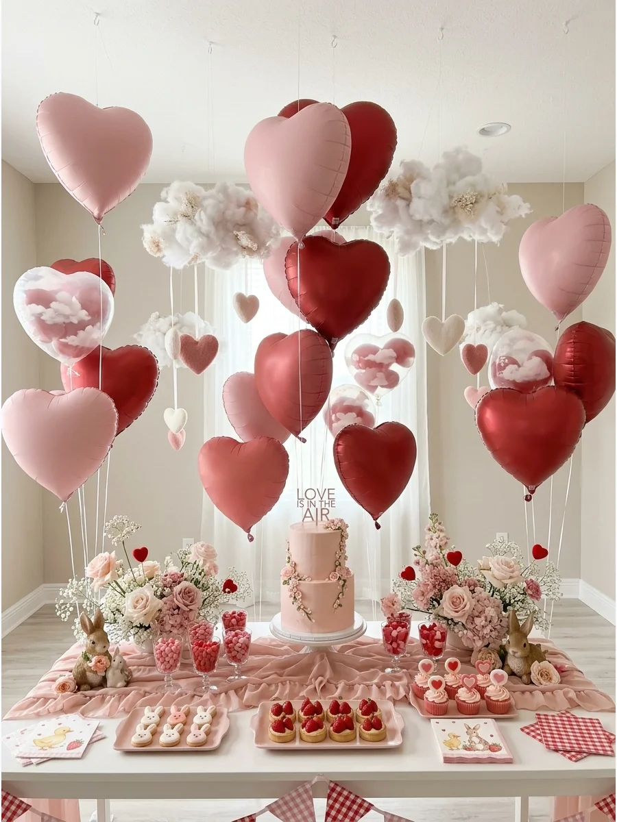 Floating blush and red heart balloons in a white photography studio with tulle cloud accents.