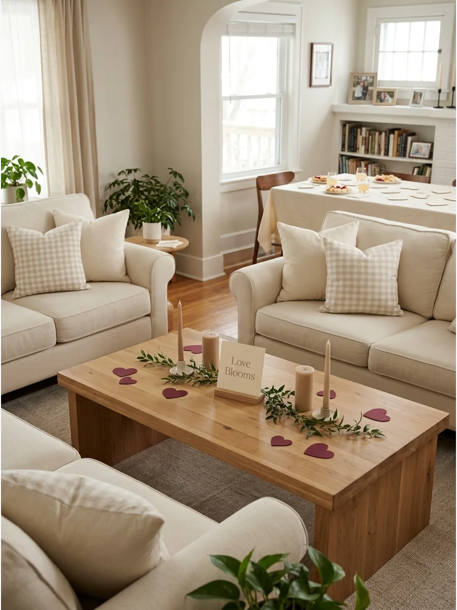 A neutral-toned living room setup with cream furniture and subtle red heart accents for a baby shower.