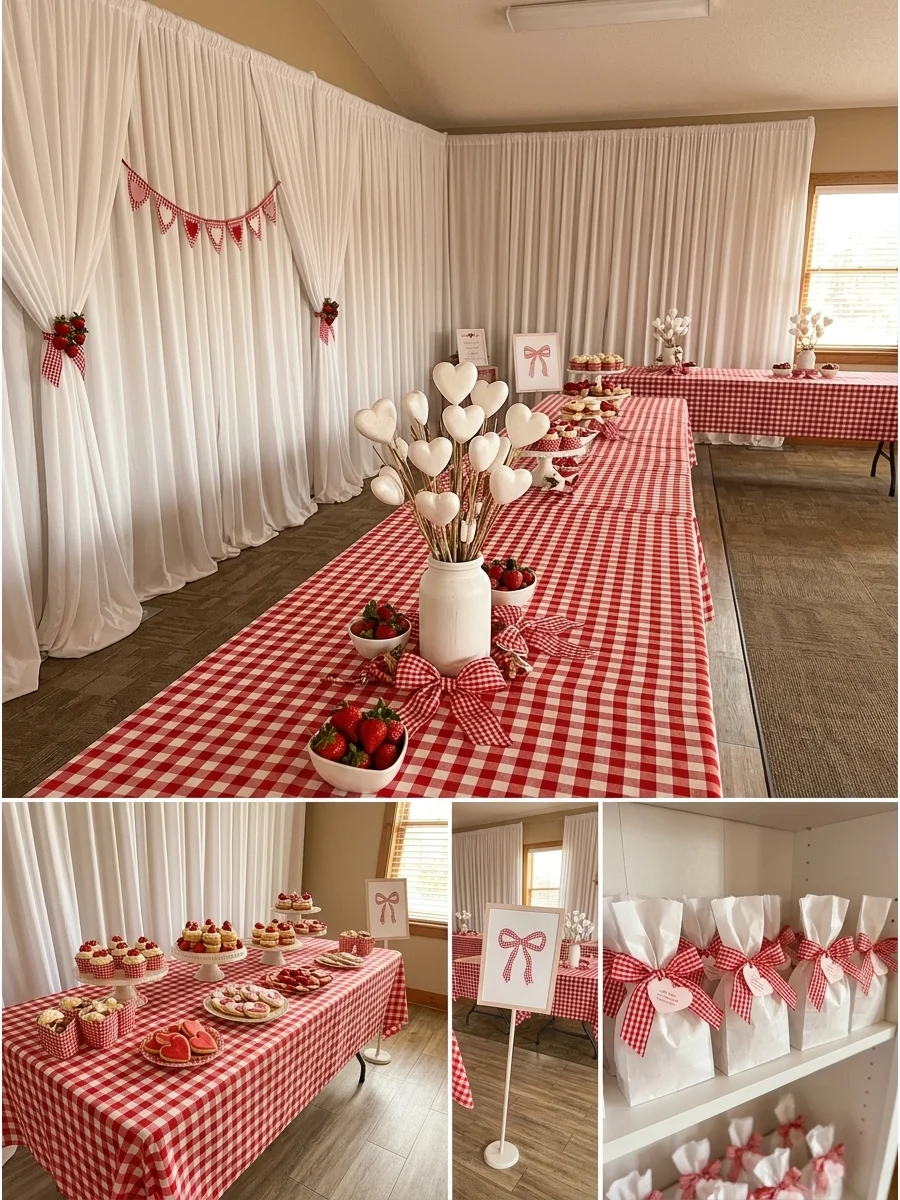A community hall decorated with red gingham tablecloths and white heart decor.