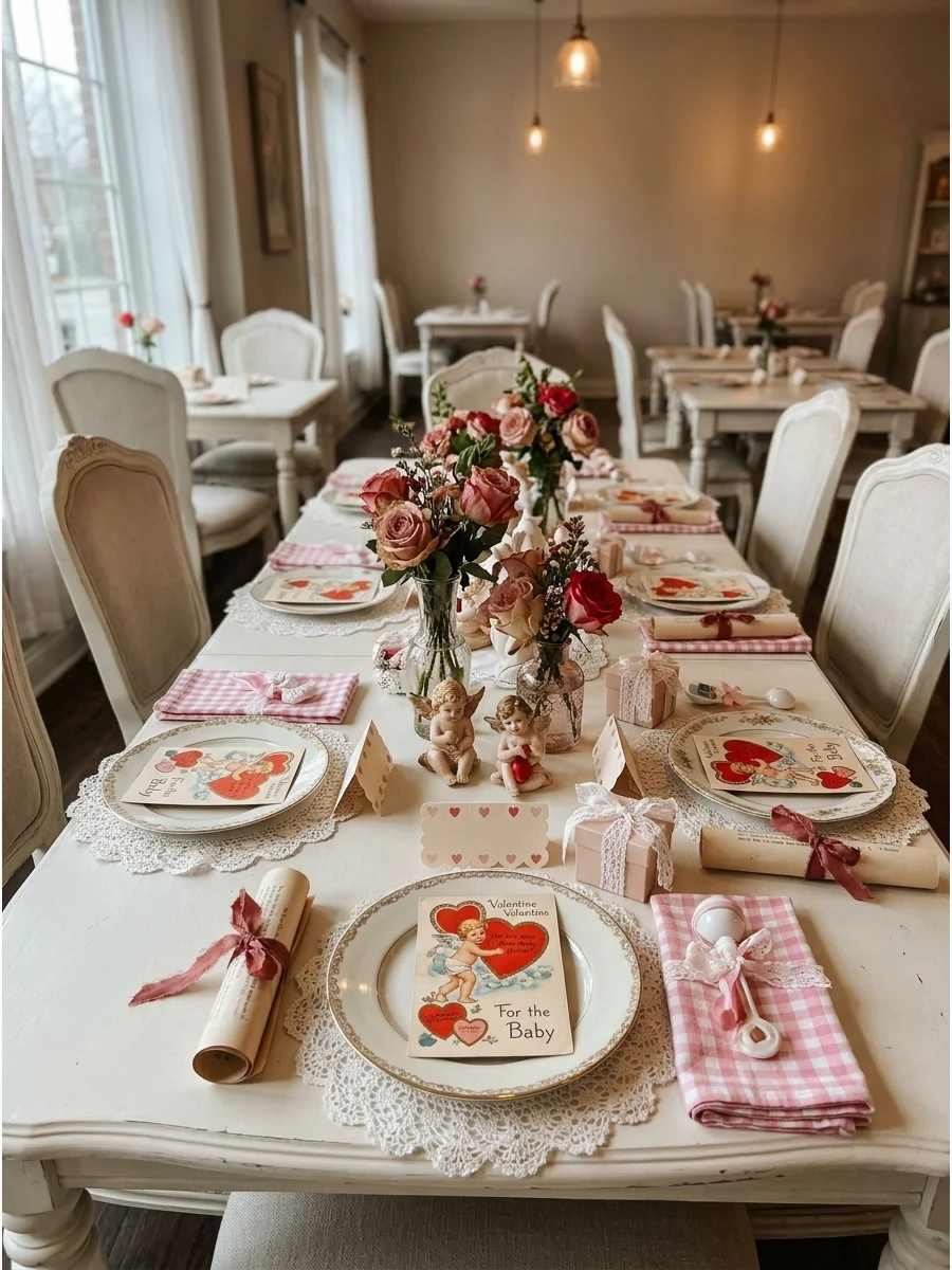 A vintage-style baby shower table with lace doilies and retro Valentine cards in a tea room.