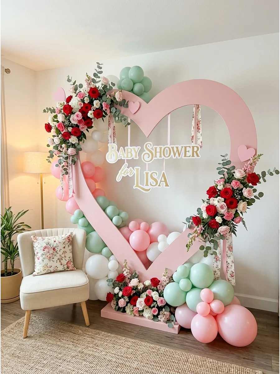 An oversized pink heart backdrop decorated with roses in a residential setting.