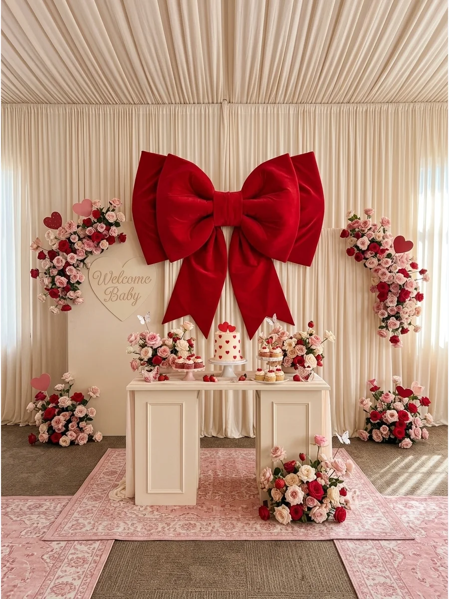A large red velvet bow hanging on a cream fabric backdrop.