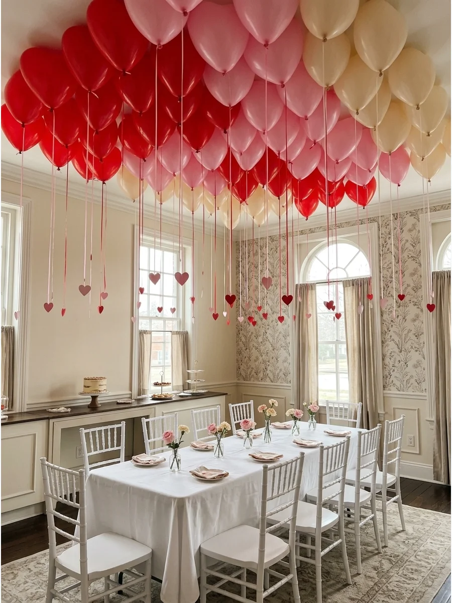 Dozens of heart-shaped balloons floating on the ceiling of a decorated tea room.